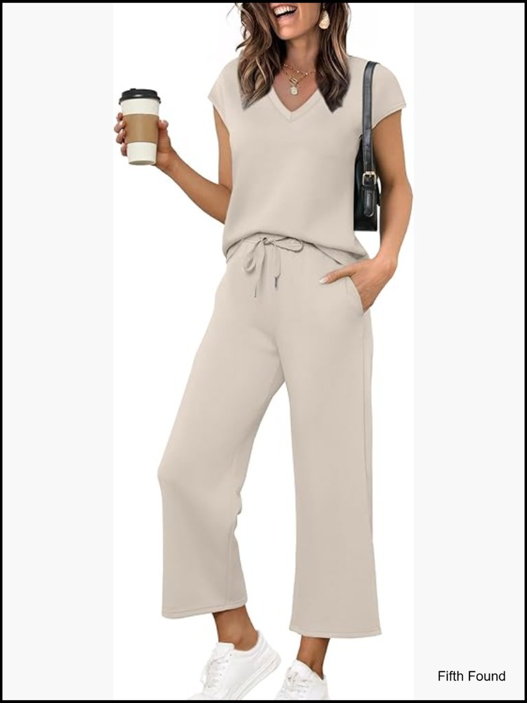 Two Piece Lounge Set - V Neck Top Wide Leg Pants Travel Outfit